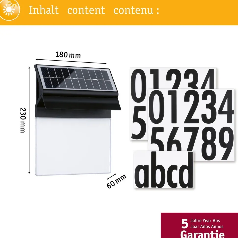 LED-numerovalaisin aurinkokennolla Paulmann Neda, IP44, 3000K, musta