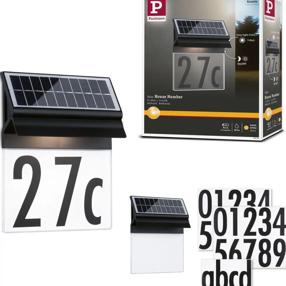 LED-numerovalaisin aurinkokennolla Paulmann Neda, IP44, 3000K, musta