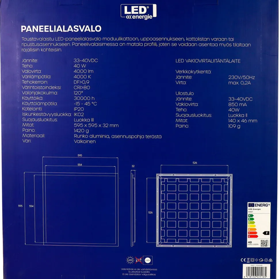 LED-paneeli LED Energie, 60x60, 40W, 4000lm, 4000K, IP20, valkoinen