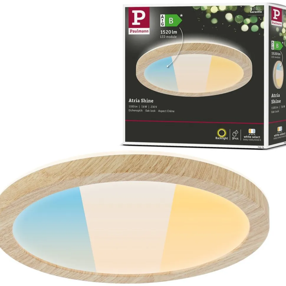 LED-paneeli Paulmann Atria Shine, pyöreä, Ø190mm, IP44, 7.6W, 1100lm, 3000-6500K, puukuvio