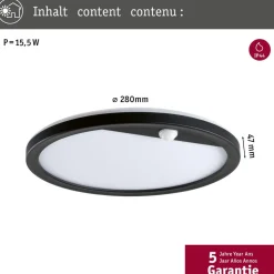 LED-paneeli ulkokäyttöön Paulmann Lamina, IP44, 28cm, 3000K, liiketunnistin, korroosionkestävä, musta