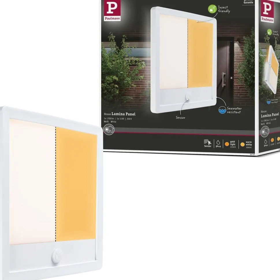 LED-paneeli ulkokäyttöön Paulmann Lamina, IP44, 25x25cm, liiketunnistin, hämärätunnistin, säädettävä värilämpötila, valkoinen