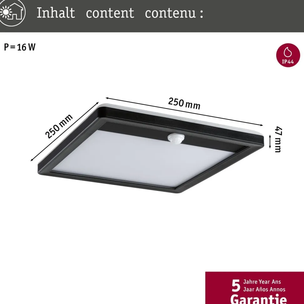 LED-paneeli ulkokäyttöön Paulmann Lamina, IP44, 25x25cm, liiketunnistin, hämärätunnistin, säädettävä värilämpötila, valkoinen
