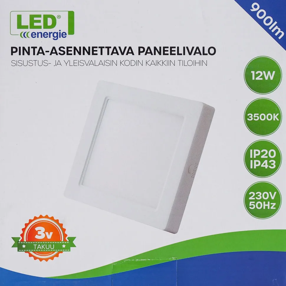 LED-paneelivalaisin Led Energie, 12W, 900lm, 3500K, pinta-asennettava, neliö, sisäänrakennettu liitäntälaite