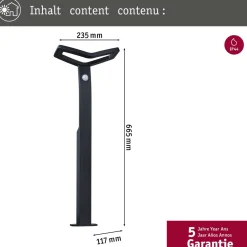 LED-pollarivalaisin Paulmann Alara 665mm 3000K 10W 450lm hämäräohjattu liiketunnistin IR antrasiitti