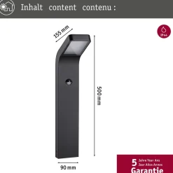 LED-pollarivalaisin liiketunnistimella Paulmann Kulma, 50cm, IP44, 3000K, korroosionkestävä, antrasiitti