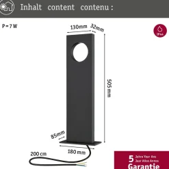 LED-pollarivalaisin Paulmann Ivo, IP65, 505mm, 3000K, 5.5W, 150lm, harmaa