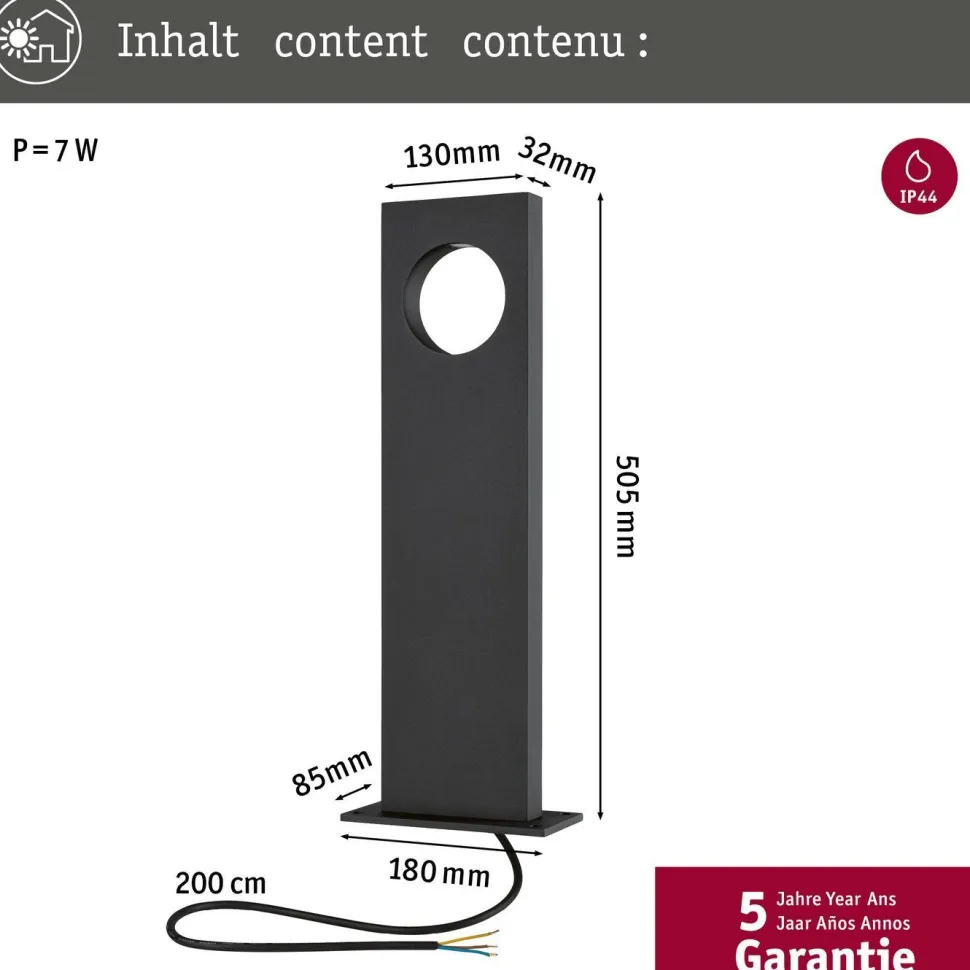 LED-pollarivalaisin Paulmann Ivo, IP65, 505mm, 3000K, 5.5W, 150lm, harmaa
