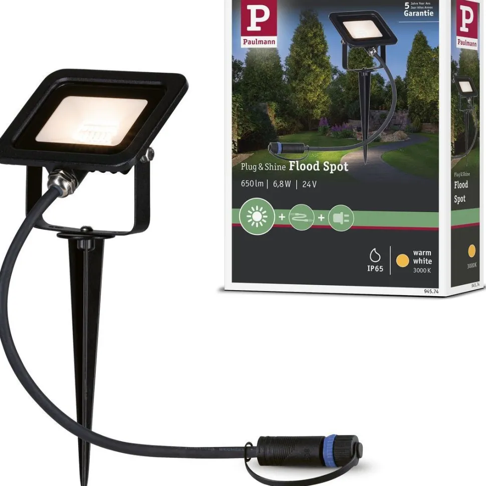 LED-puutarhaspotti Paulmann Plug & Shine Fluter, IP65, 3000K, 6,8W, musta