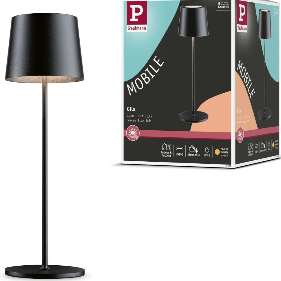 LED-pöytävalaisin Paulmann Gilo 35cm USB-ladattava IP44 2700K himmennettävä valkoinen