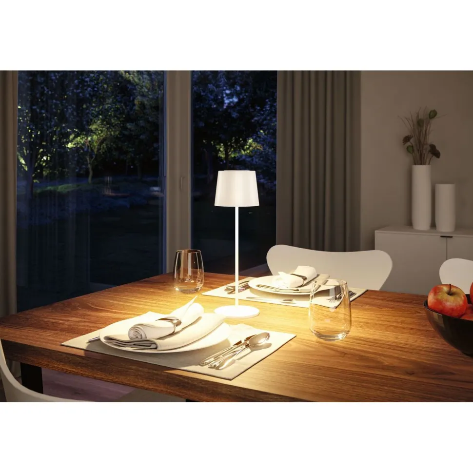 LED-pöytävalaisin Paulmann Gilo 35cm USB-ladattava IP44 2700K himmennettävä valkoinen