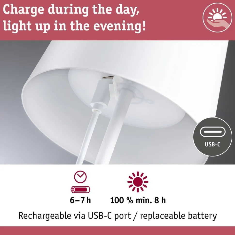 LED-pöytävalaisin Paulmann Gilo 35cm USB-ladattava IP44 2700K himmennettävä valkoinen