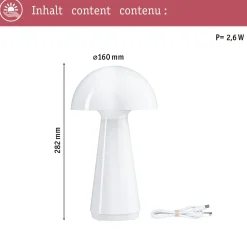 LED-pöytävalaisin Paulmann Onzo 28cm USB-ladattava 2700K IP44 3-Step-Dim himmennettävä valkoinen