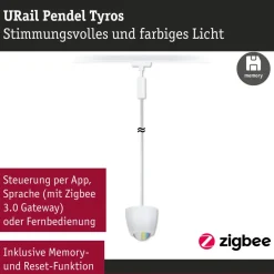 LED-riippuvalaisin Paulmann URail Smart Home Zigbee 3.0 Tyros, Ø10cm, 200lm, 4.5W, RGBW+, himmennettävä, 230V, signaalivalkoinen