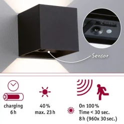 LED-seinävalaisin Paulmann Nyara, IP44, 3000K, 100x100mm, 2x1W / 1W, akkukäyttöinen, hämäräohjattu liiketunnistin (HF), valkoinen