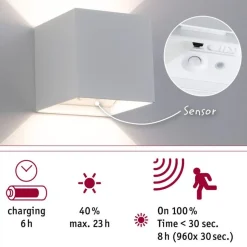 LED-seinävalaisin Paulmann Nyara, IP44, 3000K, 100x100mm, 2x1W / 1W, akkukäyttöinen, hämäräohjattu liiketunnistin (HF), valkoinen