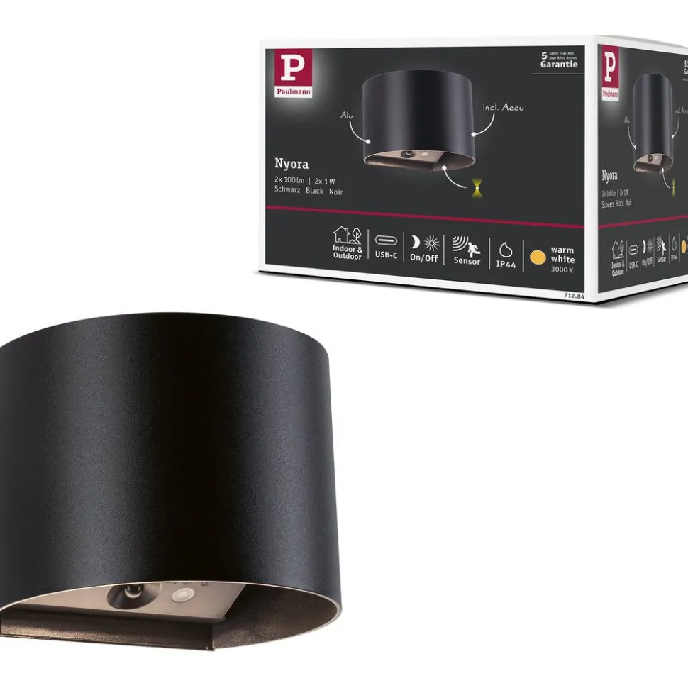 LED-seinävalaisin Paulmann Nyora, IP44, 3000K, 135x120mm, 2x1W / 1W, akkukäyttöinen, hämäräohjattu liiketunnistin (HF), valkoinen