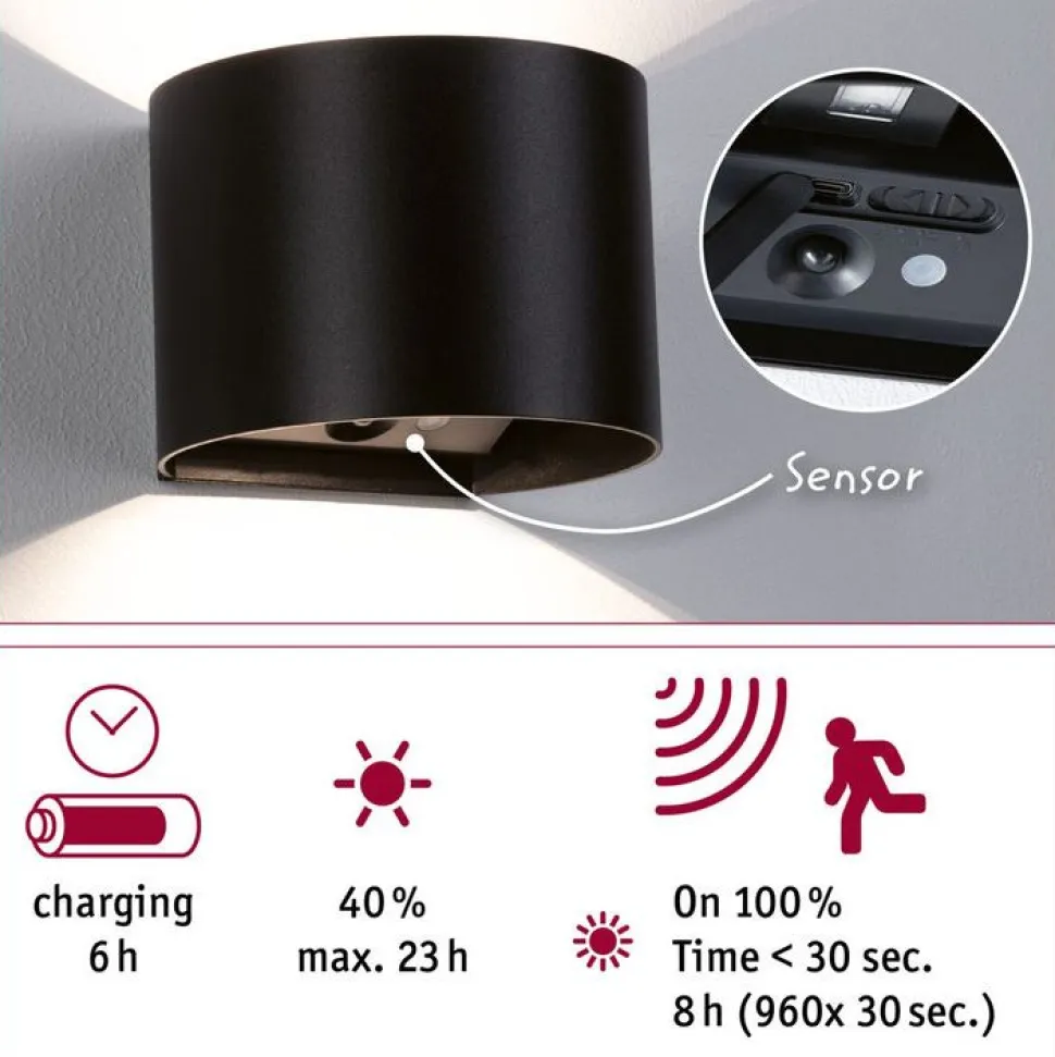 LED-seinävalaisin Paulmann Nyora, IP44, 3000K, 135x120mm, 2x1W / 1W, akkukäyttöinen, hämäräohjattu liiketunnistin (HF), valkoinen