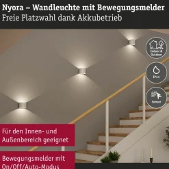 LED-seinävalaisin Paulmann Nyora, IP44, 3000K, 135x120mm, 2x1W / 1W, akkukäyttöinen, hämäräohjattu liiketunnistin (HF), valkoinen