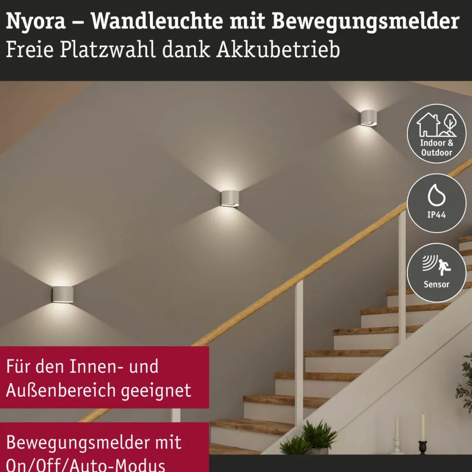 LED-seinävalaisin Paulmann Nyora, IP44, 3000K, 135x120mm, 2x1W / 1W, akkukäyttöinen, hämäräohjattu liiketunnistin (HF), valkoinen