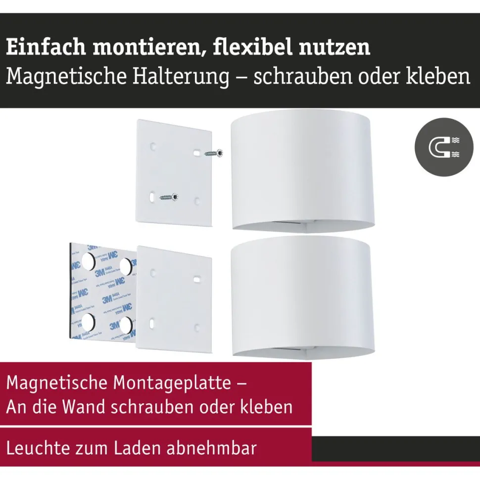 LED-seinävalaisin Paulmann Nyora, IP44, 3000K, 135x120mm, 2x1W / 1W, akkukäyttöinen, hämäräohjattu liiketunnistin (HF), valkoinen