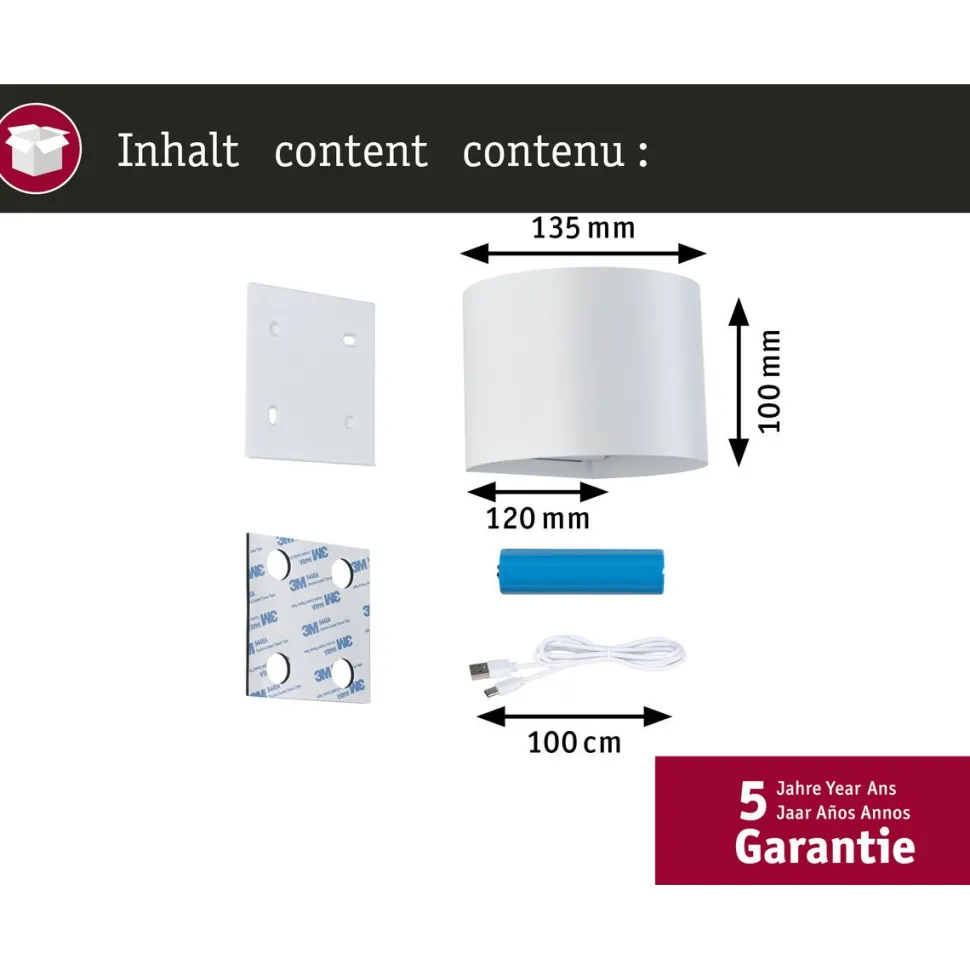 LED-seinävalaisin Paulmann Nyora, IP44, 3000K, 135x120mm, 2x1W / 1W, akkukäyttöinen, hämäräohjattu liiketunnistin (HF), valkoinen