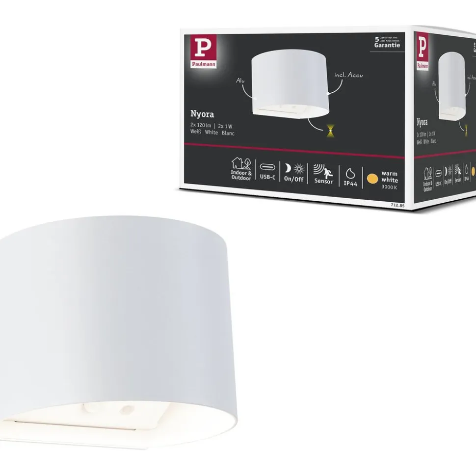 LED-seinävalaisin Paulmann Nyora, IP44, 3000K, 135x120mm, 2x1W / 1W, akkukäyttöinen, hämäräohjattu liiketunnistin (HF), valkoinen
