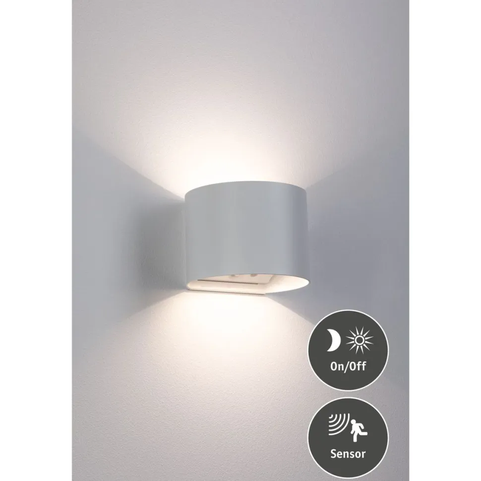 LED-seinävalaisin Paulmann Nyora, IP44, 3000K, 135x120mm, 2x1W / 1W, akkukäyttöinen, hämäräohjattu liiketunnistin (HF), valkoinen