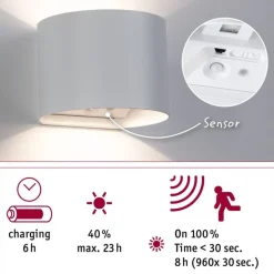 LED-seinävalaisin Paulmann Nyora, IP44, 3000K, 135x120mm, 2x1W / 1W, akkukäyttöinen, hämäräohjattu liiketunnistin (HF), valkoinen