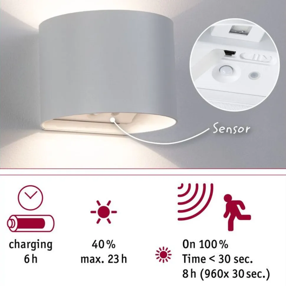 LED-seinävalaisin Paulmann Nyora, IP44, 3000K, 135x120mm, 2x1W / 1W, akkukäyttöinen, hämäräohjattu liiketunnistin (HF), valkoinen