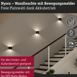LED-seinävalaisin Paulmann Nyora, IP44, 3000K, 135x120mm, 2x1W / 1W, akkukäyttöinen, hämäräohjattu liiketunnistin (HF), valkoinen