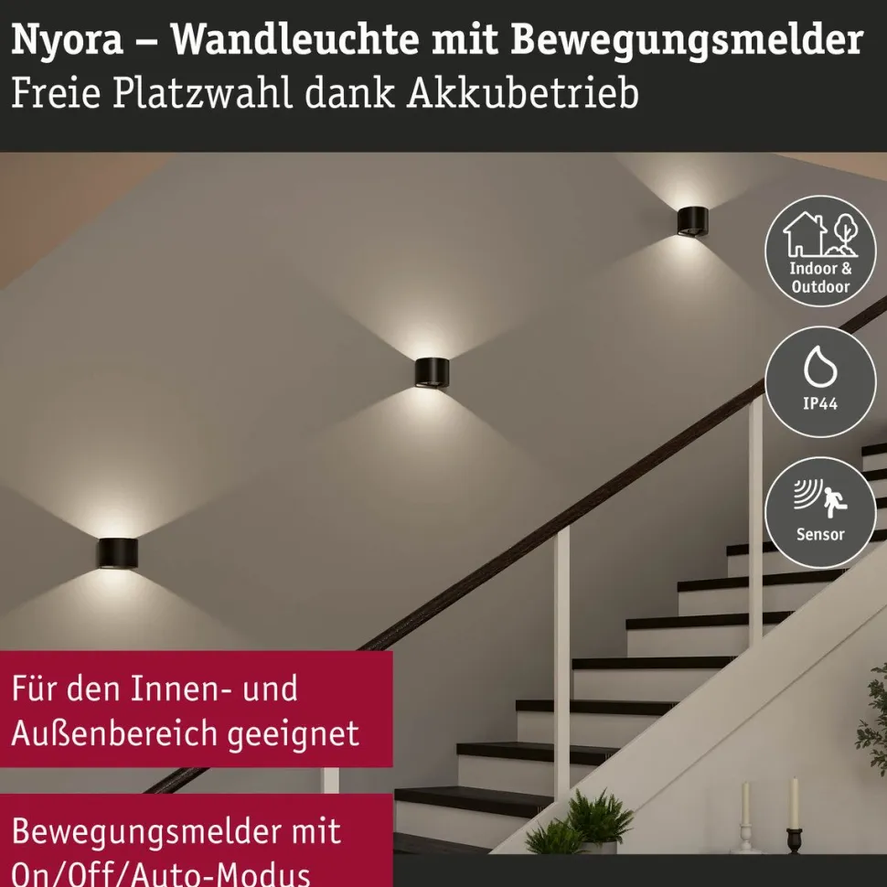 LED-seinävalaisin Paulmann Nyora, IP44, 3000K, 135x120mm, 2x1W / 1W, akkukäyttöinen, hämäräohjattu liiketunnistin (HF), valkoinen