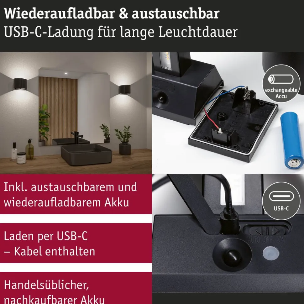 LED-seinävalaisin Paulmann Nyora, IP44, 3000K, 135x120mm, 2x1W / 1W, akkukäyttöinen, hämäräohjattu liiketunnistin (HF), valkoinen