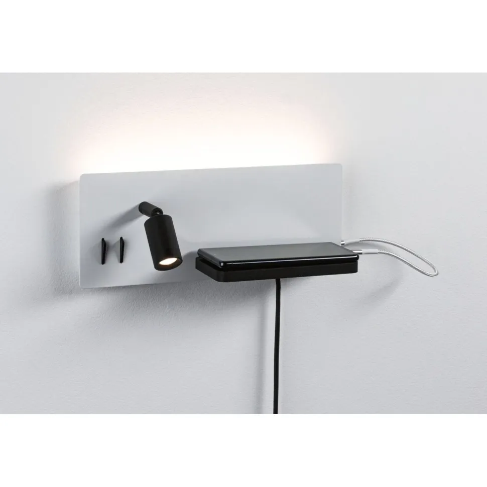 LED-seinävalaisin Paulmann Serra Right, USB C, 2700K, himmennettävä, mattavalkoinen/mattamusta