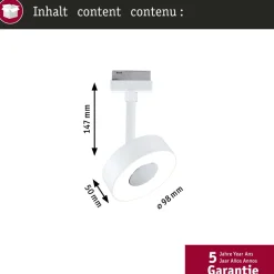 LED-spottivalaisin kiskoon Paulmann URail Circle Ø100mm 3-Step-Dim 210lm 5W 3000K himmennettävä signaalivalkoinen