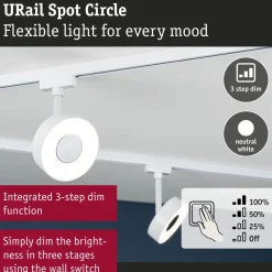 LED-spottivalaisin kiskoon Paulmann URail Circle Ø100mm 3-Step-Dim 220lm 5W 4000K himmennettävä signaalivalkoinen