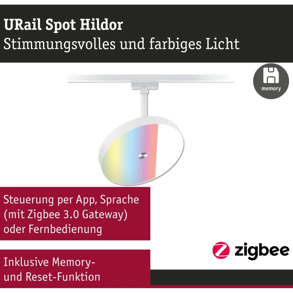 LED-spottivalaisin kiskoon Paulmann URail Smart Home Zigbee 3.0 Hildor, Ø18cm, 500lm, 7.5W, RGBW+, himmennettävä, 230V, mattamusta