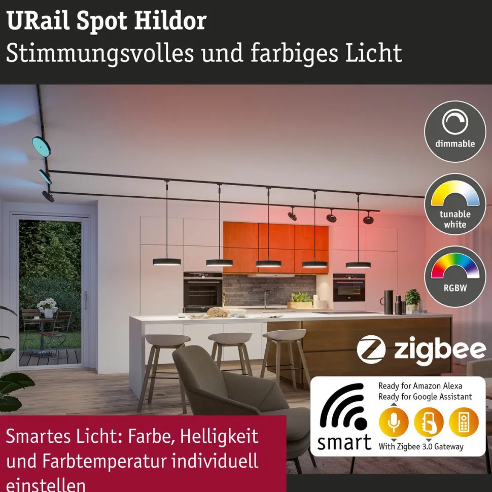 LED-spottivalaisin kiskoon Paulmann URail Smart Home Zigbee 3.0 Hildor, Ø18cm, 500lm, 7.5W, RGBW+, himmennettävä, 230V, mattamusta