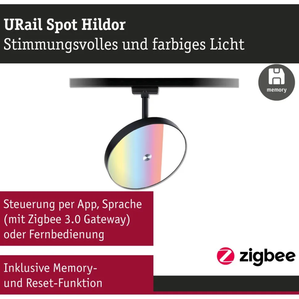LED-spottivalaisin kiskoon Paulmann URail Smart Home Zigbee 3.0 Hildor, Ø18cm, 500lm, 7.5W, RGBW+, himmennettävä, 230V, mattamusta