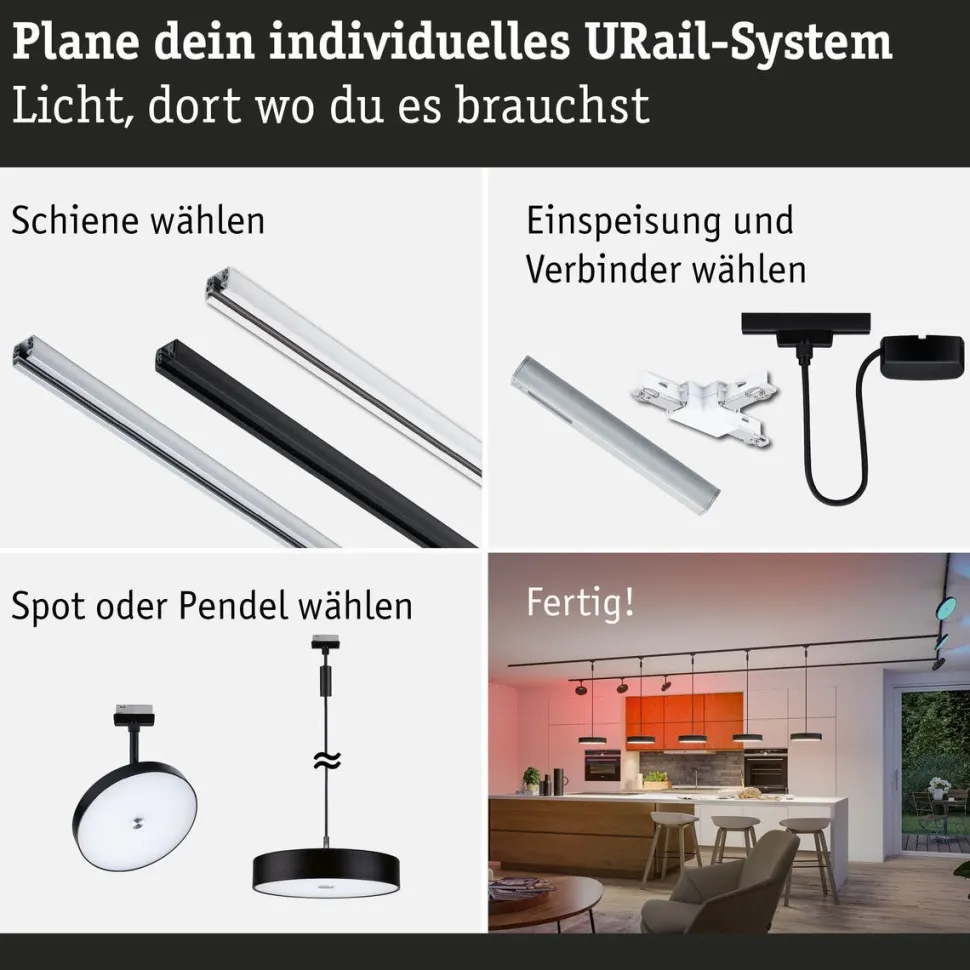 LED-spottivalaisin kiskoon Paulmann URail Smart Home Zigbee 3.0 Hildor, Ø18cm, 500lm, 7.5W, RGBW+, himmennettävä, 230V, mattamusta