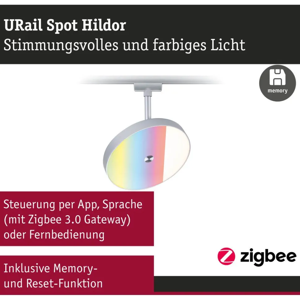 LED-spottivalaisin kiskoon Paulmann URail Smart Home Zigbee 3.0 Hildor, Ø18cm, 500lm, 7.5W, RGBW+, himmennettävä, 230V, mattamusta