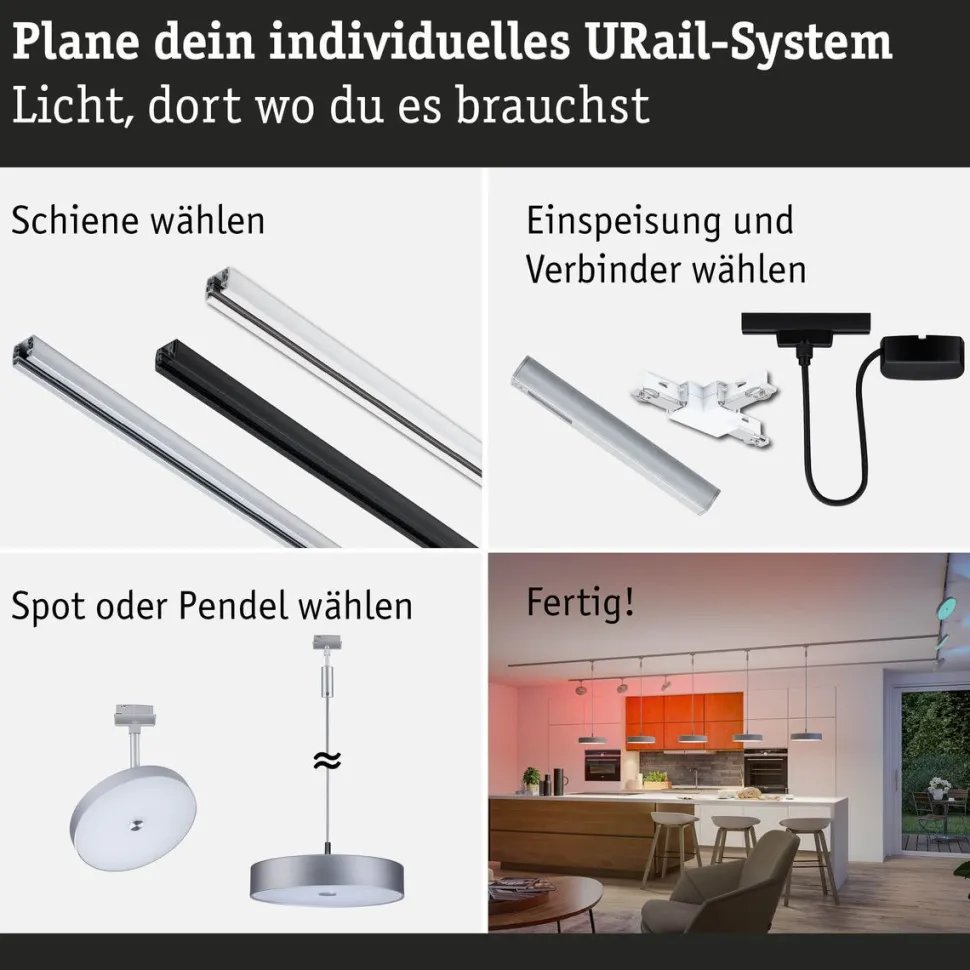 LED-spottivalaisin kiskoon Paulmann URail Smart Home Zigbee 3.0 Hildor, Ø18cm, 500lm, 7.5W, RGBW+, himmennettävä, 230V, mattamusta