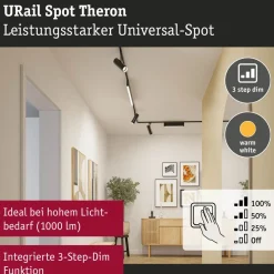 LED-spottivalaisin kiskoon Paulmann URail Theron, Ø6.2cm, 1100lm, 11W, 4000K, himmennettävä, 230V, mattamusta