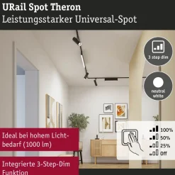 LED-spottivalaisin kiskoon Paulmann URail Theron, Ø6.2cm, 1100lm, 11W, 4000K, himmennettävä, 230V, mattamusta