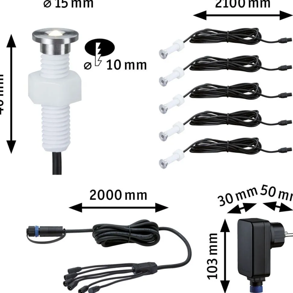 LED-terassivalaisinsarja Paulmann Plug & Shine MicroPen II, 5-osainen, IP67, 3000K, hopea
