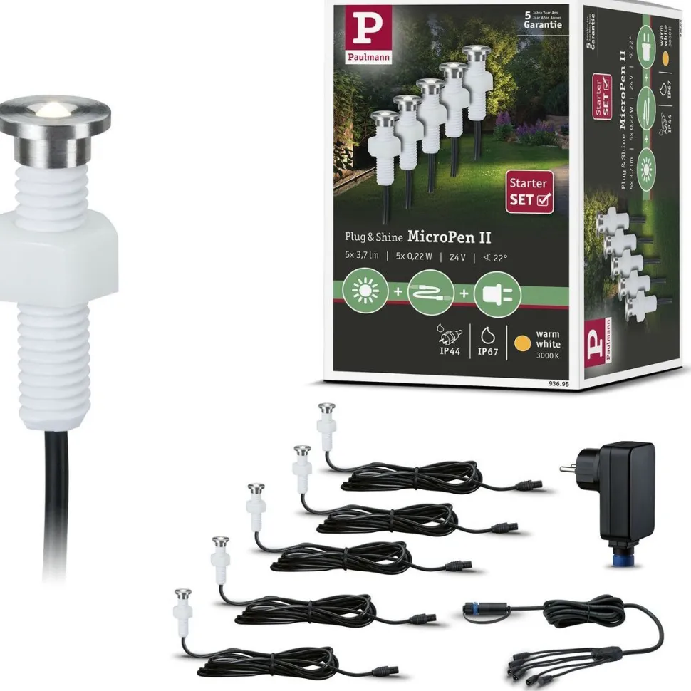 LED-terassivalaisinsarja Paulmann Plug & Shine MicroPen II, 5-osainen, IP67, 3000K, hopea