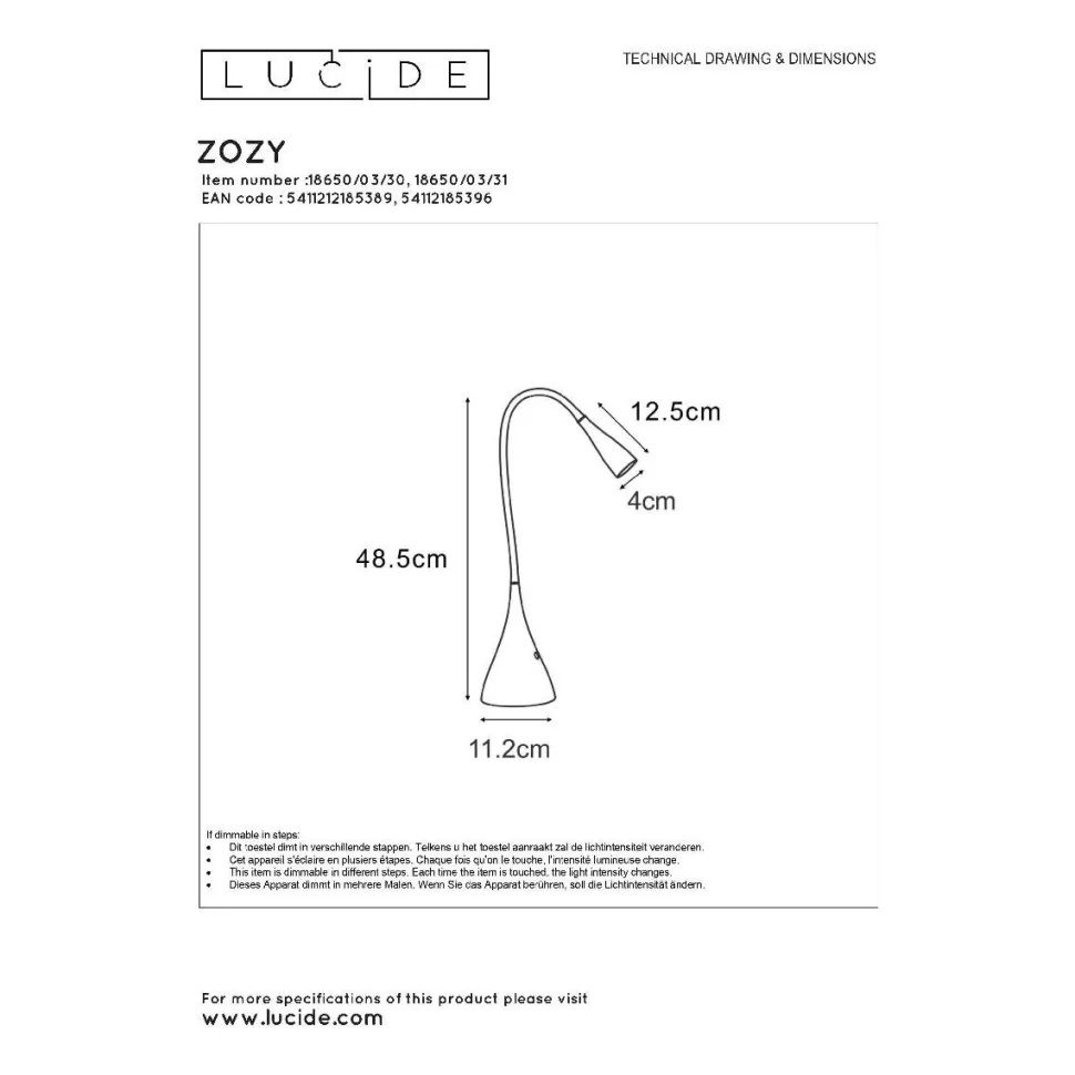 LED-työpöytävalaisin Lucide Zozy Ø11,5x70cm 3W himmennettävä valkoinen