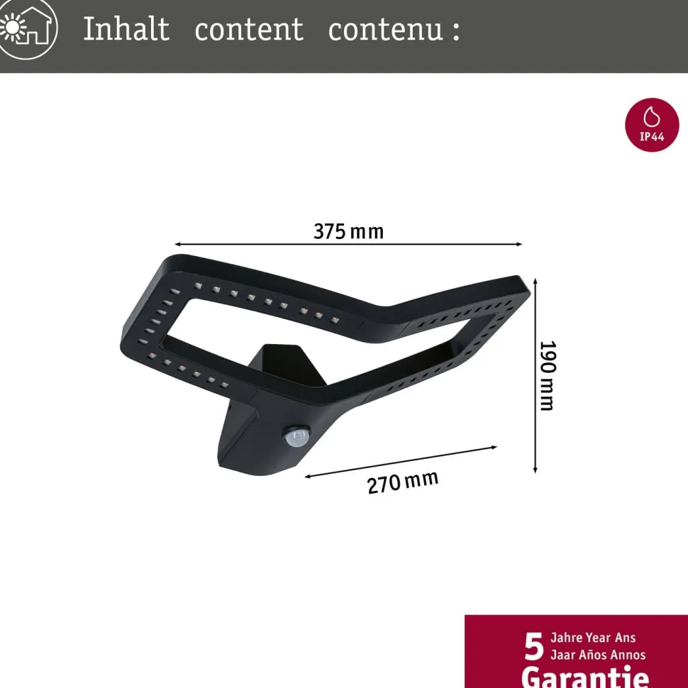 LED-ulkoseinävalaisin Paulmann Alara 375x270mm 3000K 10W 450lm hämäräohjattu liiketunnistin IR antrasiitti