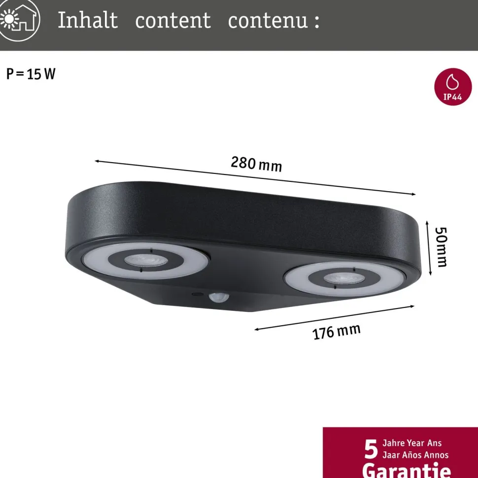 LED-ulkoseinävalaisin Paulmann Silma 2-osainen 280x176mm 3000K 2x5.5/2x0.7W 2x600lm hämäräohjattu liiketunnistin IR antrasiitti
