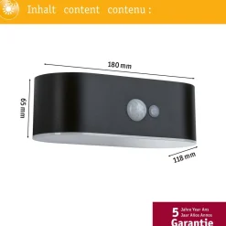LED-ulkoseinävalaisin aurinkokennolla Paulmann Adya, IP44, 3000K, liiketunnistin, musta